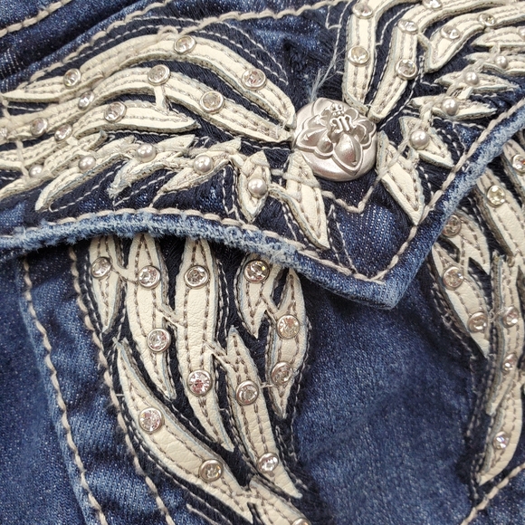 Miss Me Blue Straight Leg Jeans with White Embroidery - Picture 6 of 13